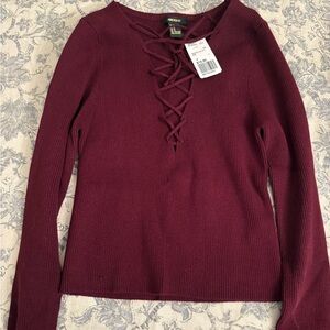 Burgundy Lace-Up Sweater